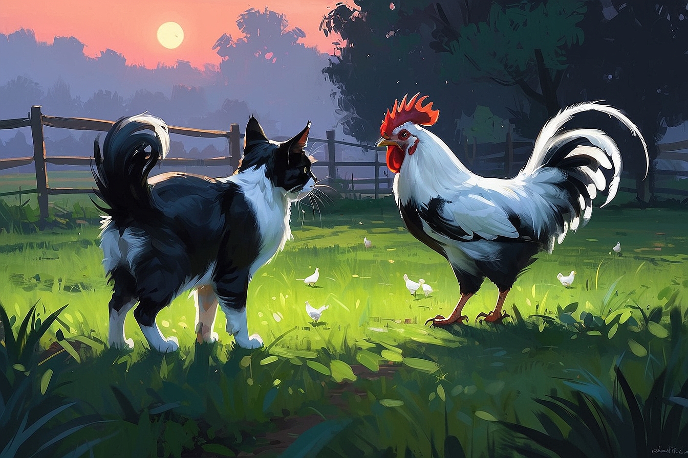 1@AlbedoBase XL a black and white cat talking to a rooster in th 0