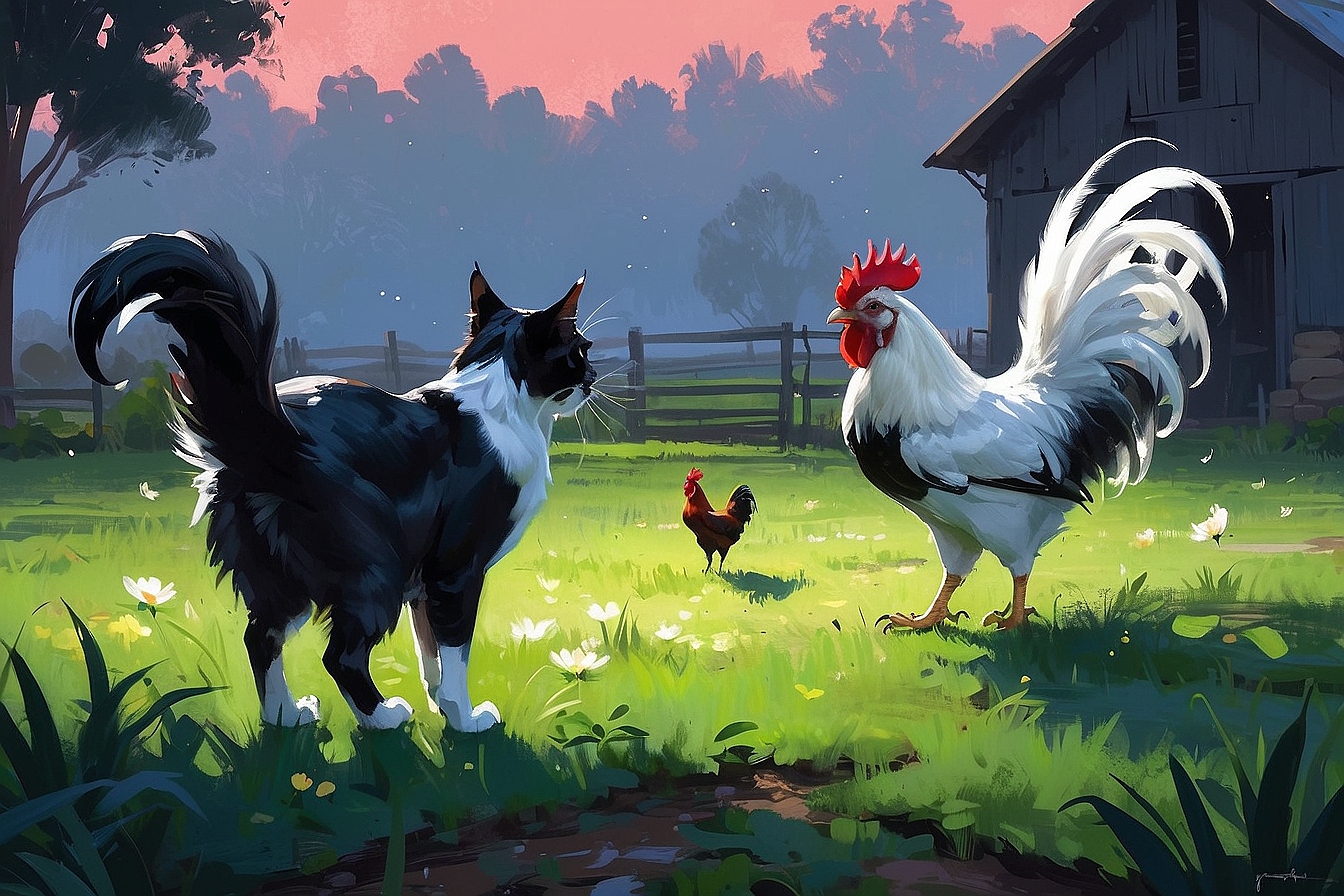 3@AlbedoBase XL a black and white cat talking to a rooster in th 7