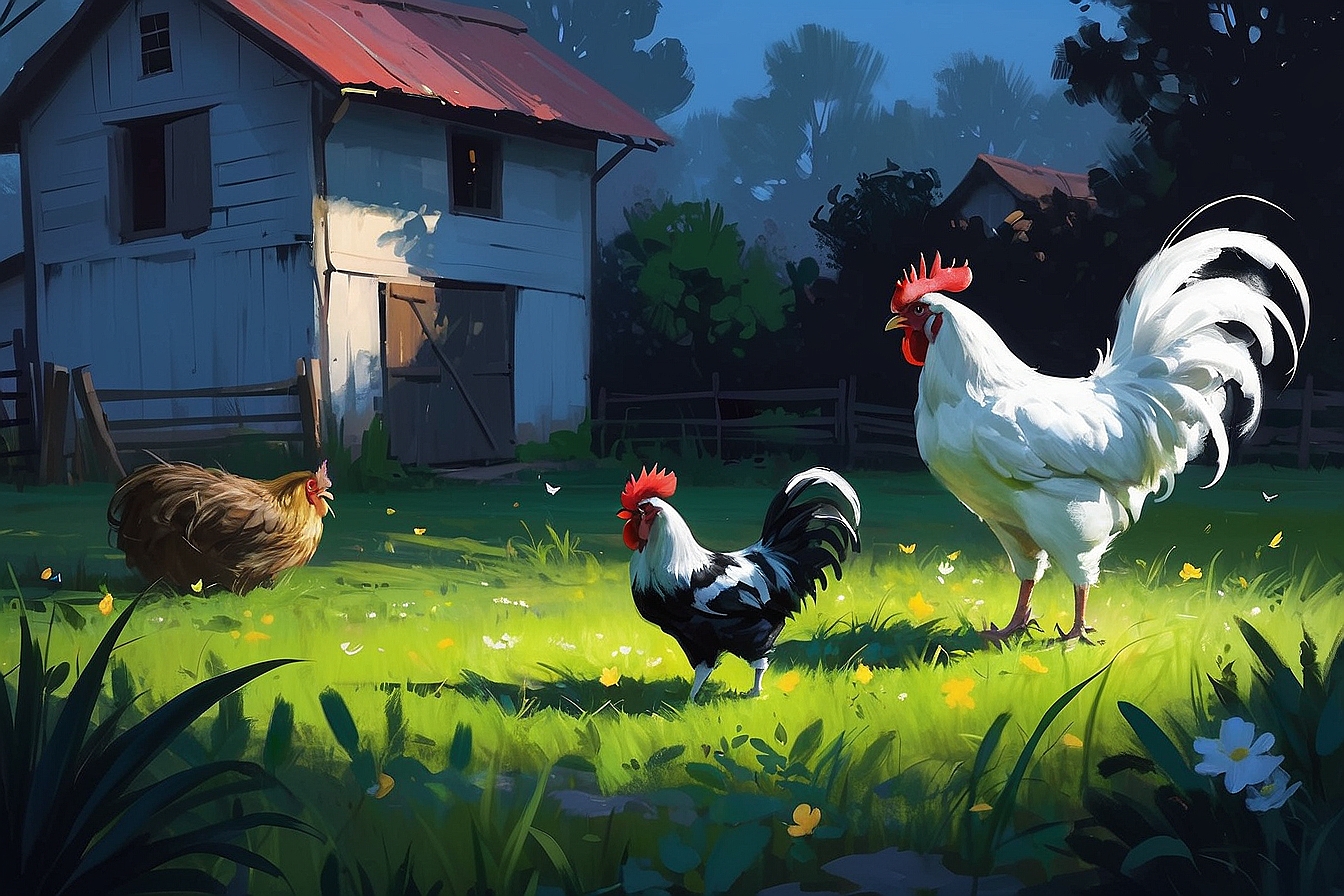 AlbedoBase XL a black and white cat talking to a rooster in th 1