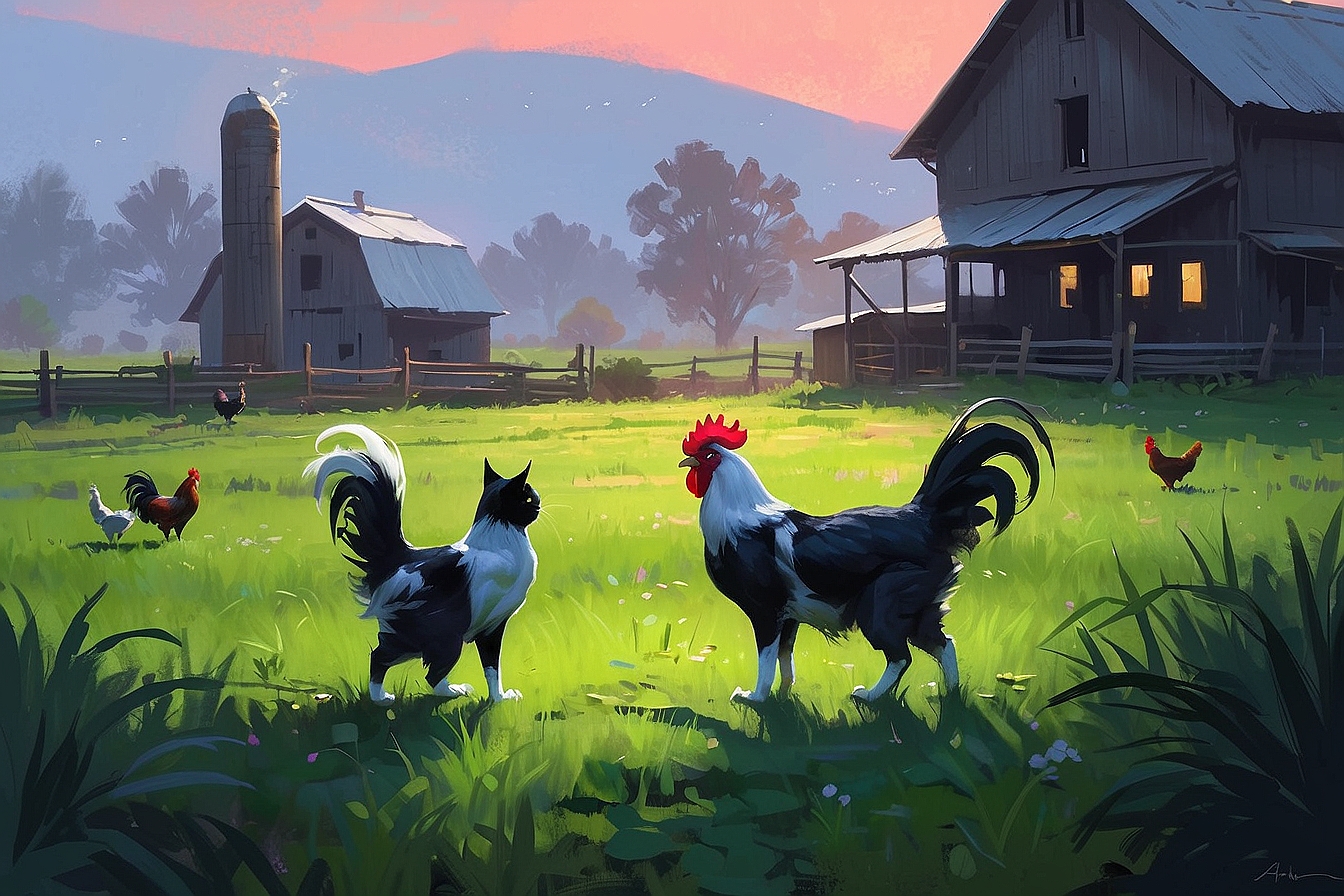 AlbedoBase XL a black and white cat talking to a rooster in th 2