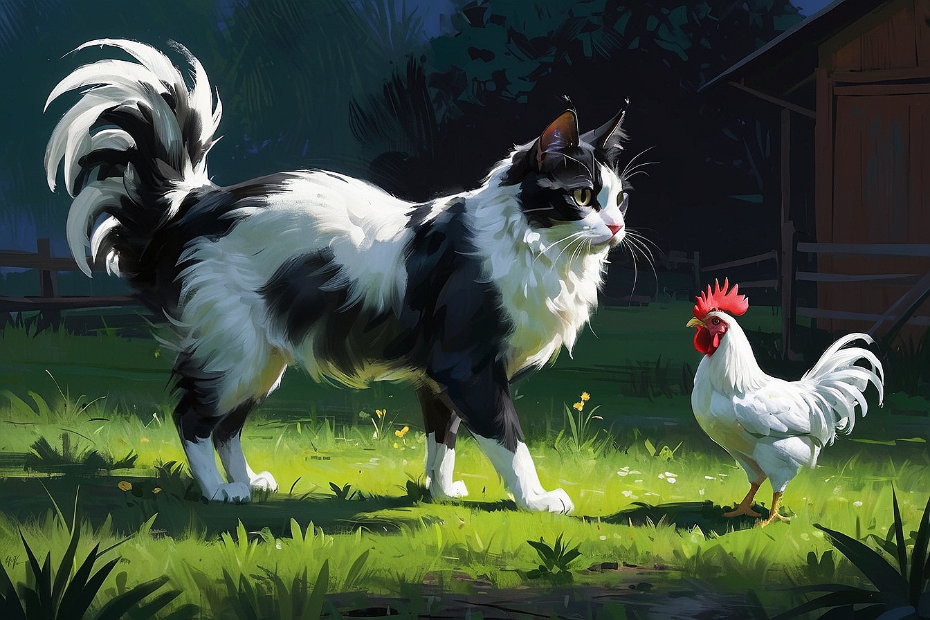 AlbedoBase XL a black and white cat talking to a rooster in th 3
