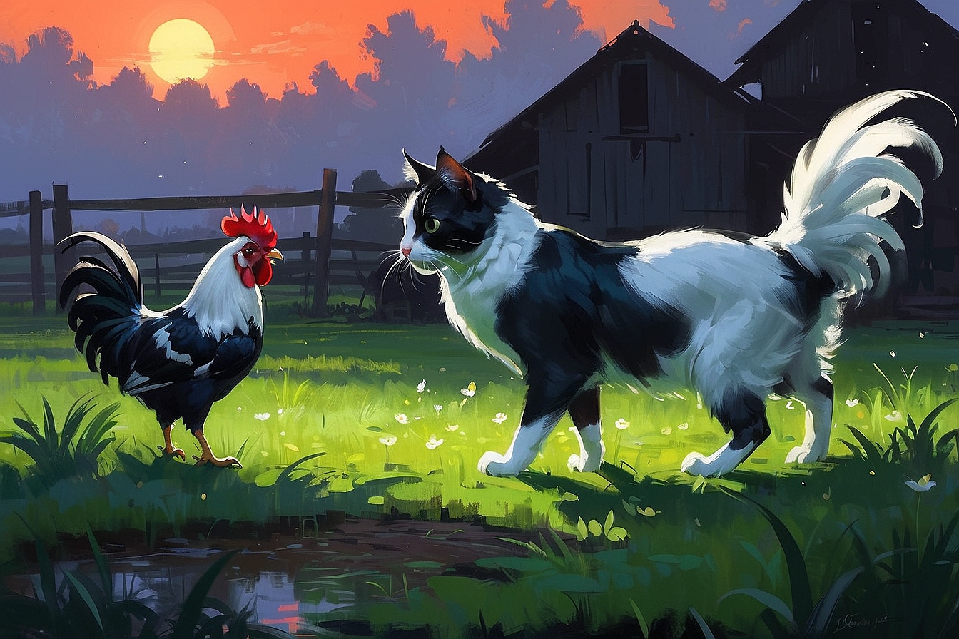 AlbedoBase XL a black and white cat talking to a rooster in th 4