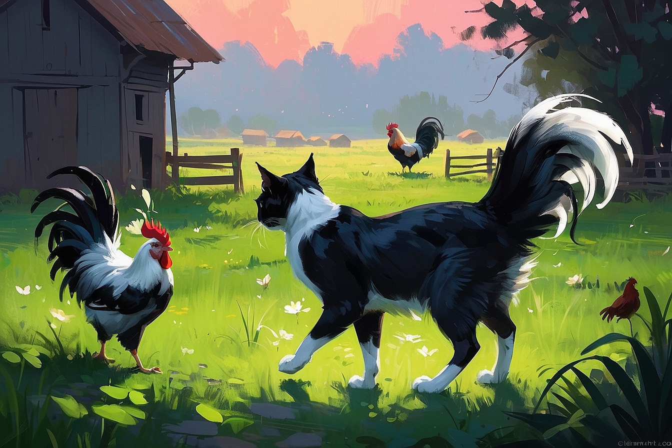 AlbedoBase XL a black and white cat talking to a rooster in th 6