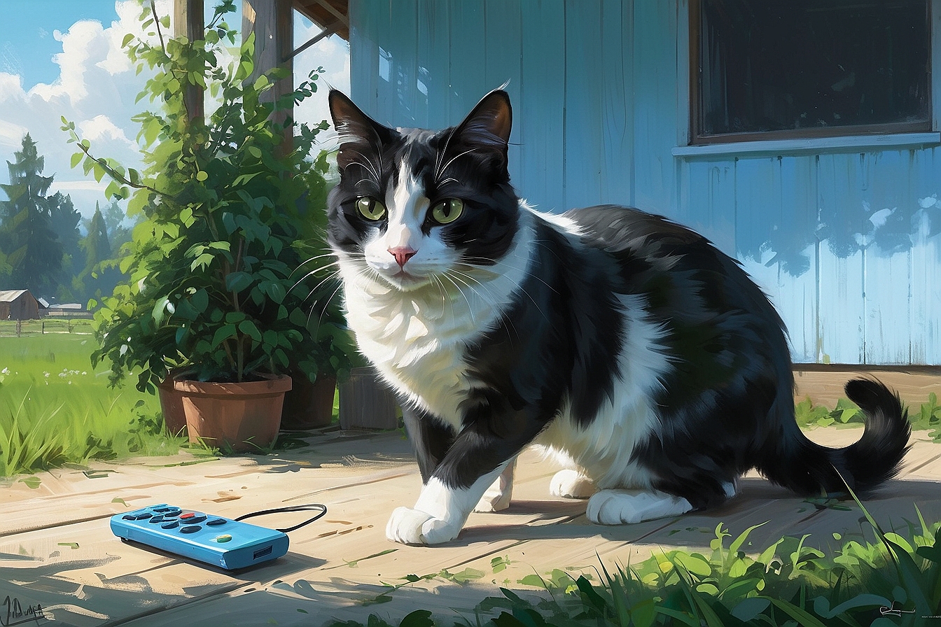 AlbedoBase XL a black and white cat with a remote control the 0