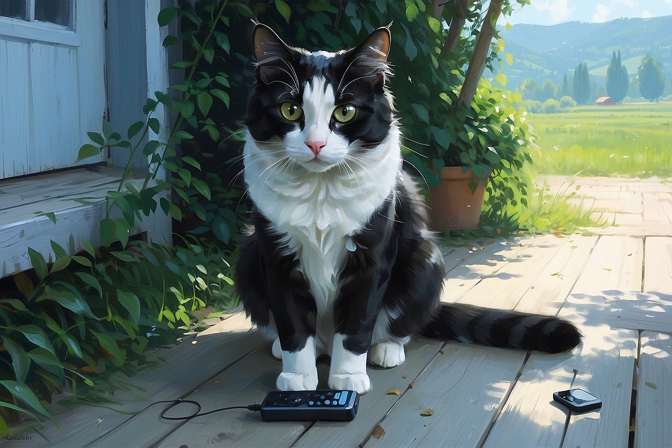 AlbedoBase XL a black and white cat with a remote control the 1