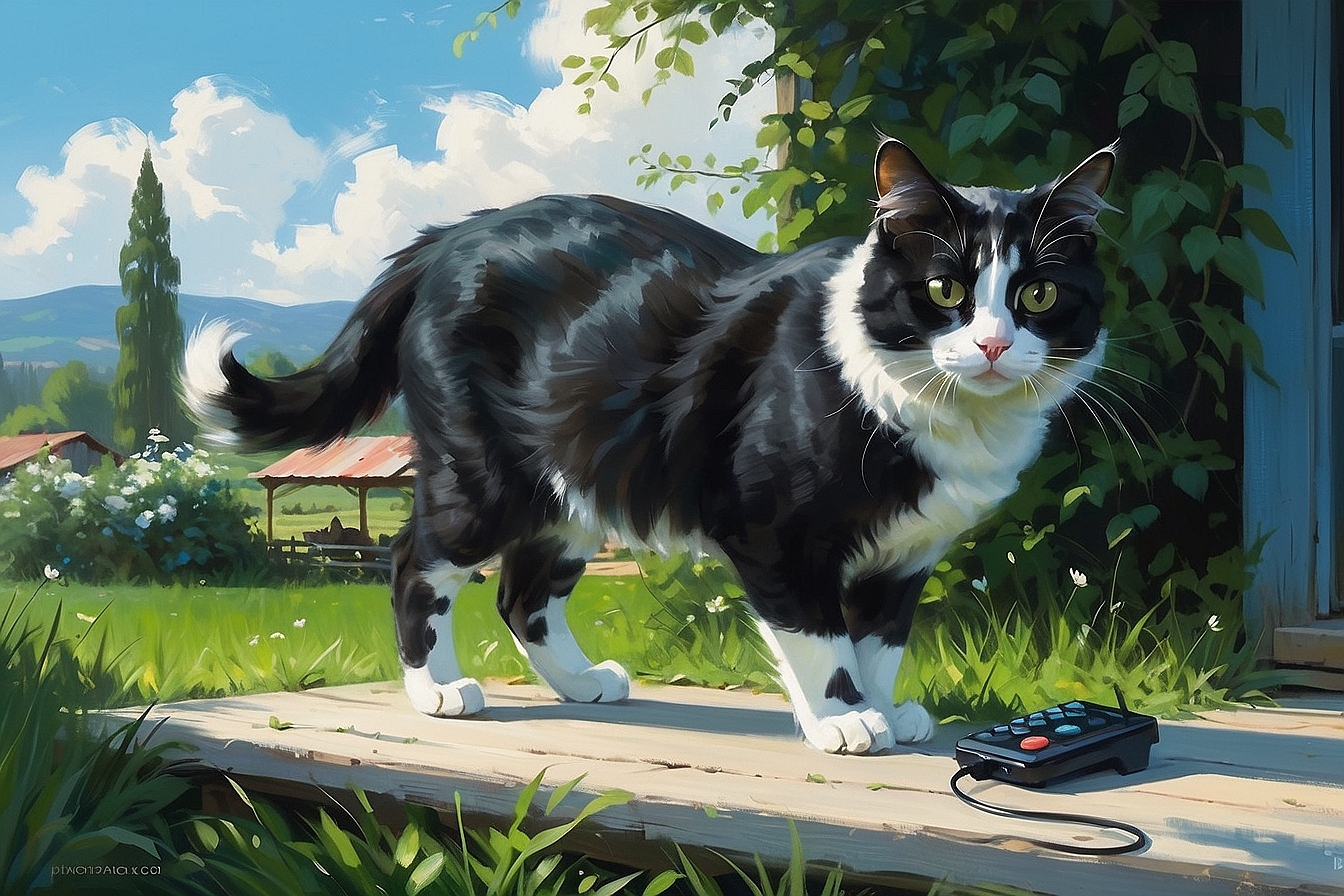 AlbedoBase XL a black and white cat with a remote control the 6