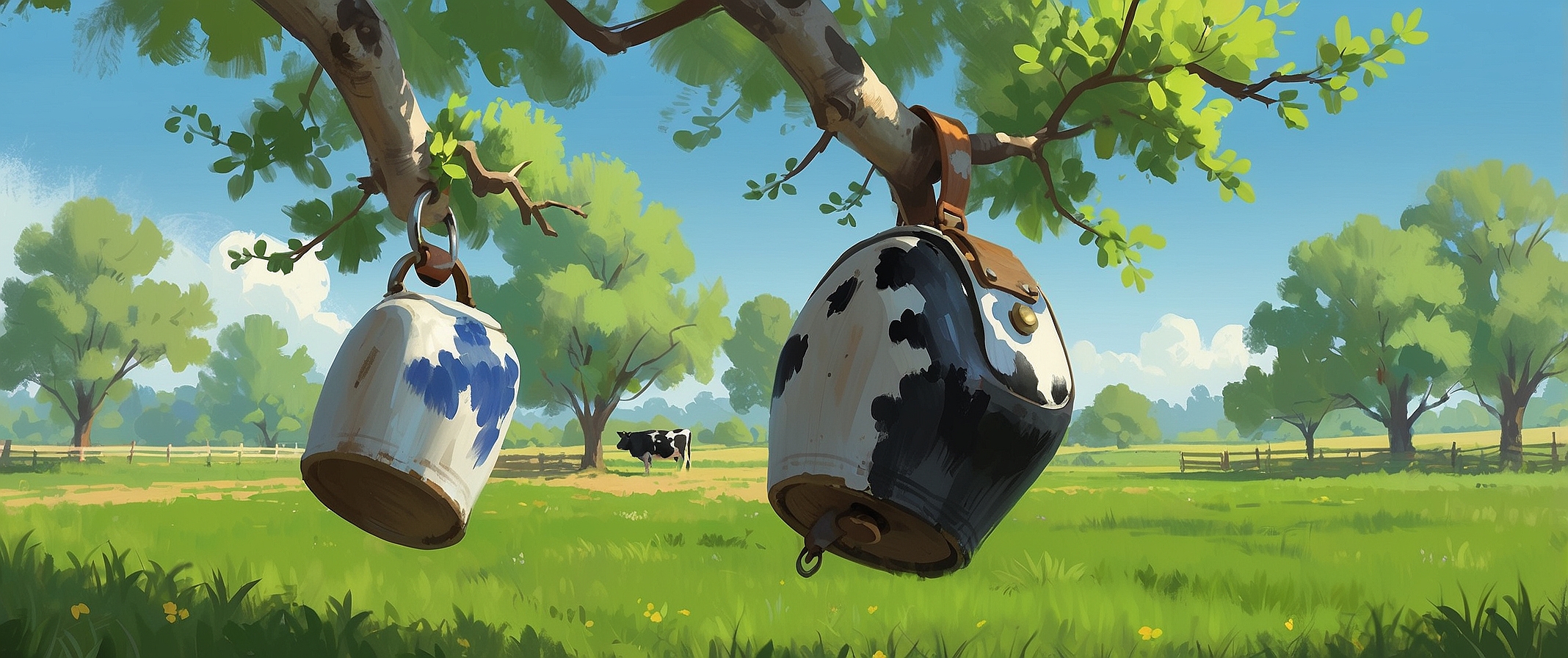 AlbedoBase XL a cow bell hanging from a tree branch in a farm 1