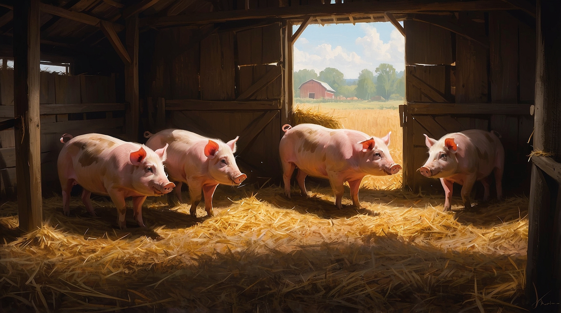 AlbedoBase XL a four pigs in the barn plotting talking eating 1