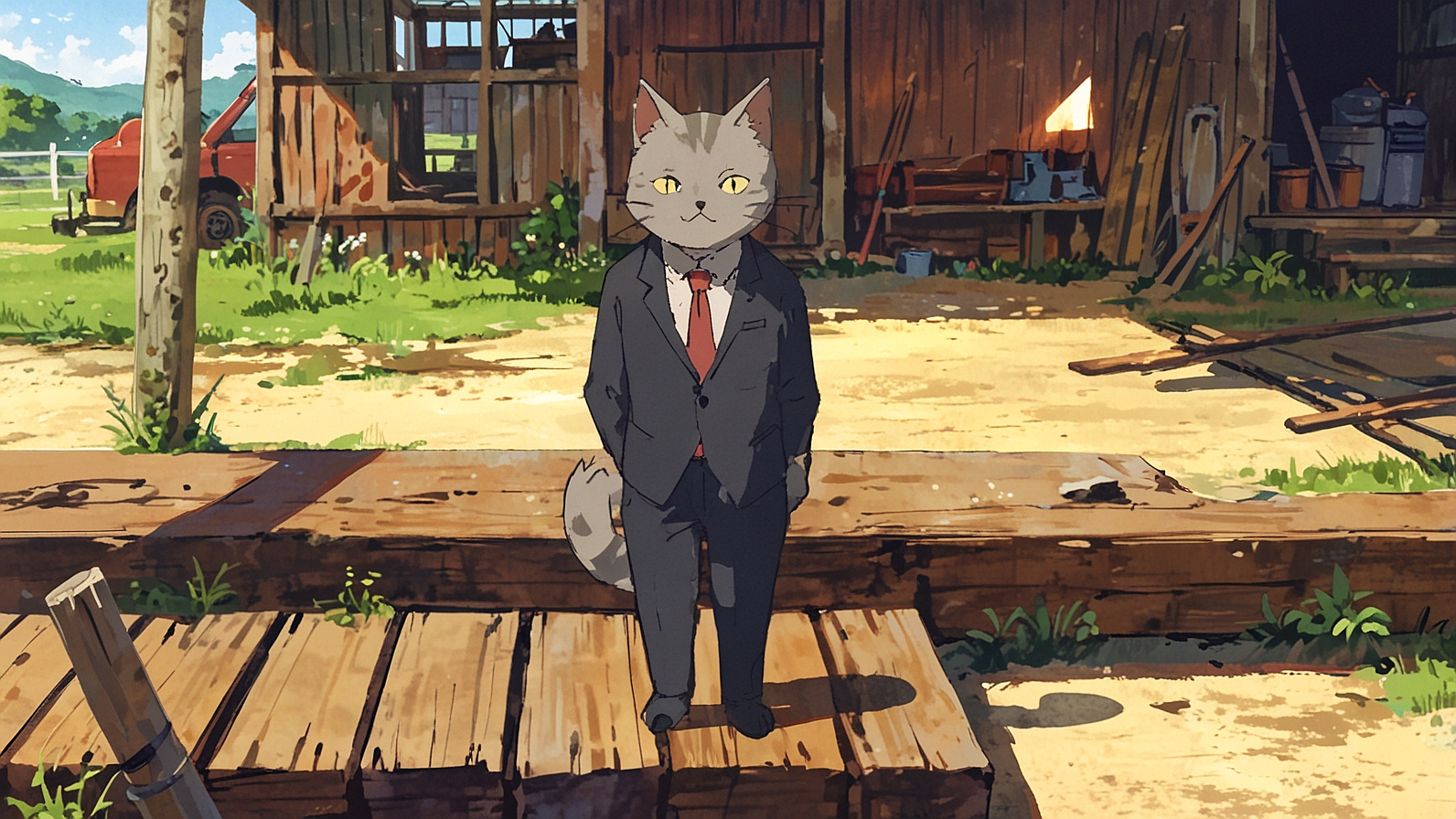 Leonardo Anime XL a cat wearing a suit and tie is standing on 2
