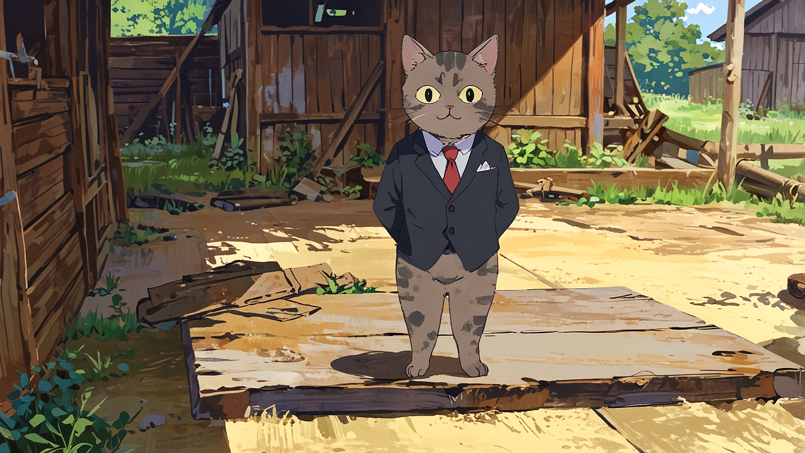 Leonardo Anime XL a cat wearing a suit and tie is standing on 4
