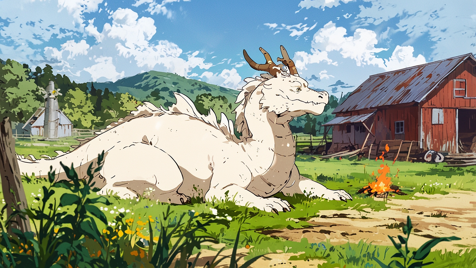 Leonardo Anime XL a friendly white Chinese dragon resting on a 3