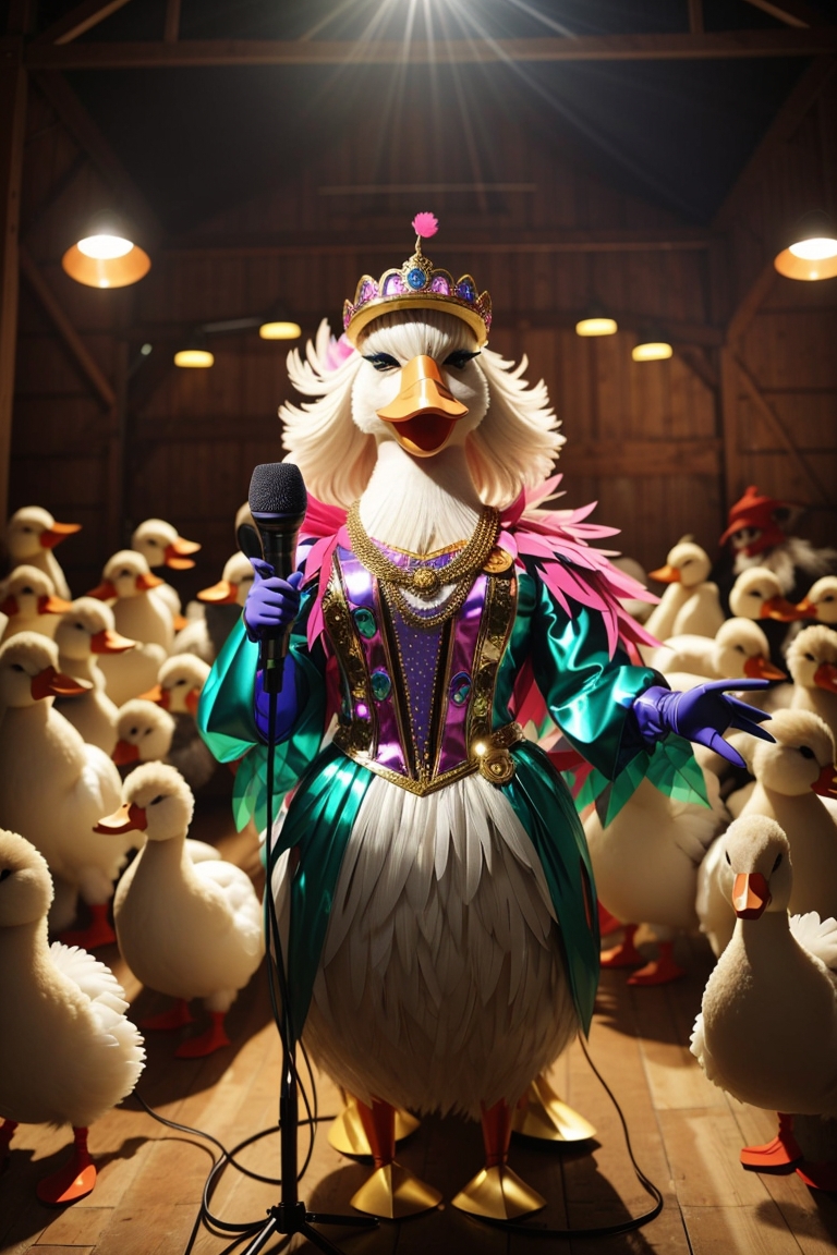 Absolute Reality v16 a flamboyant singing female duck wearing 3