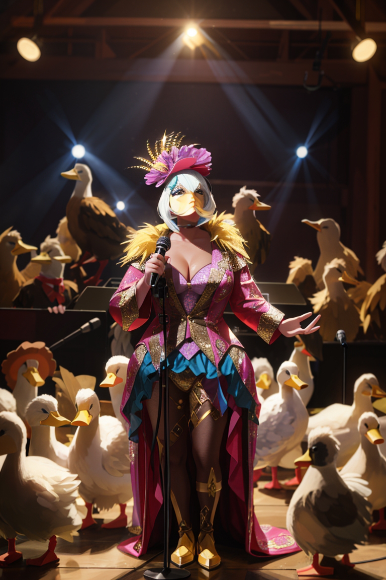 Anime Pastel Dream a flamboyant singing female duck wearing an 1