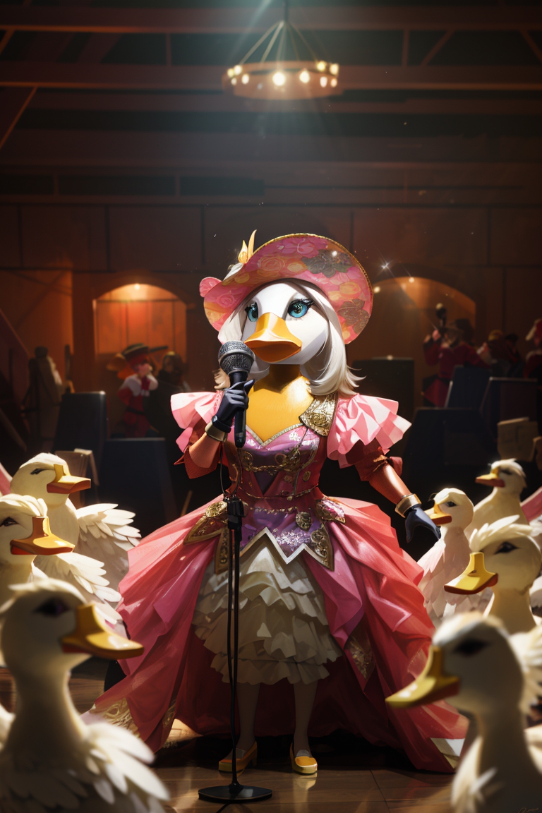 Anime Pastel Dream a flamboyant singing female duck wearing an 2