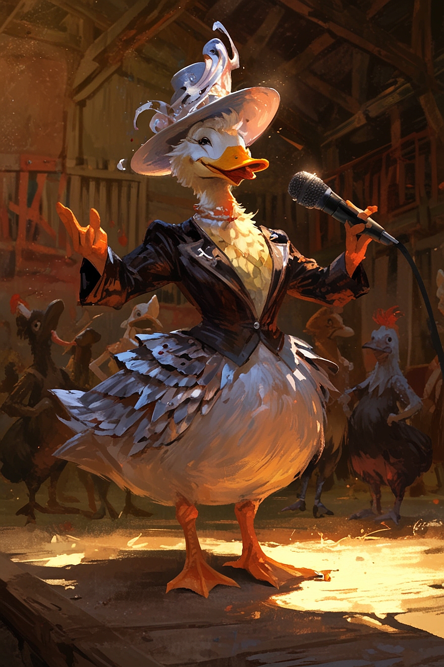 Leonardo Anime XL a flamboyant singing female duck wearing an 0