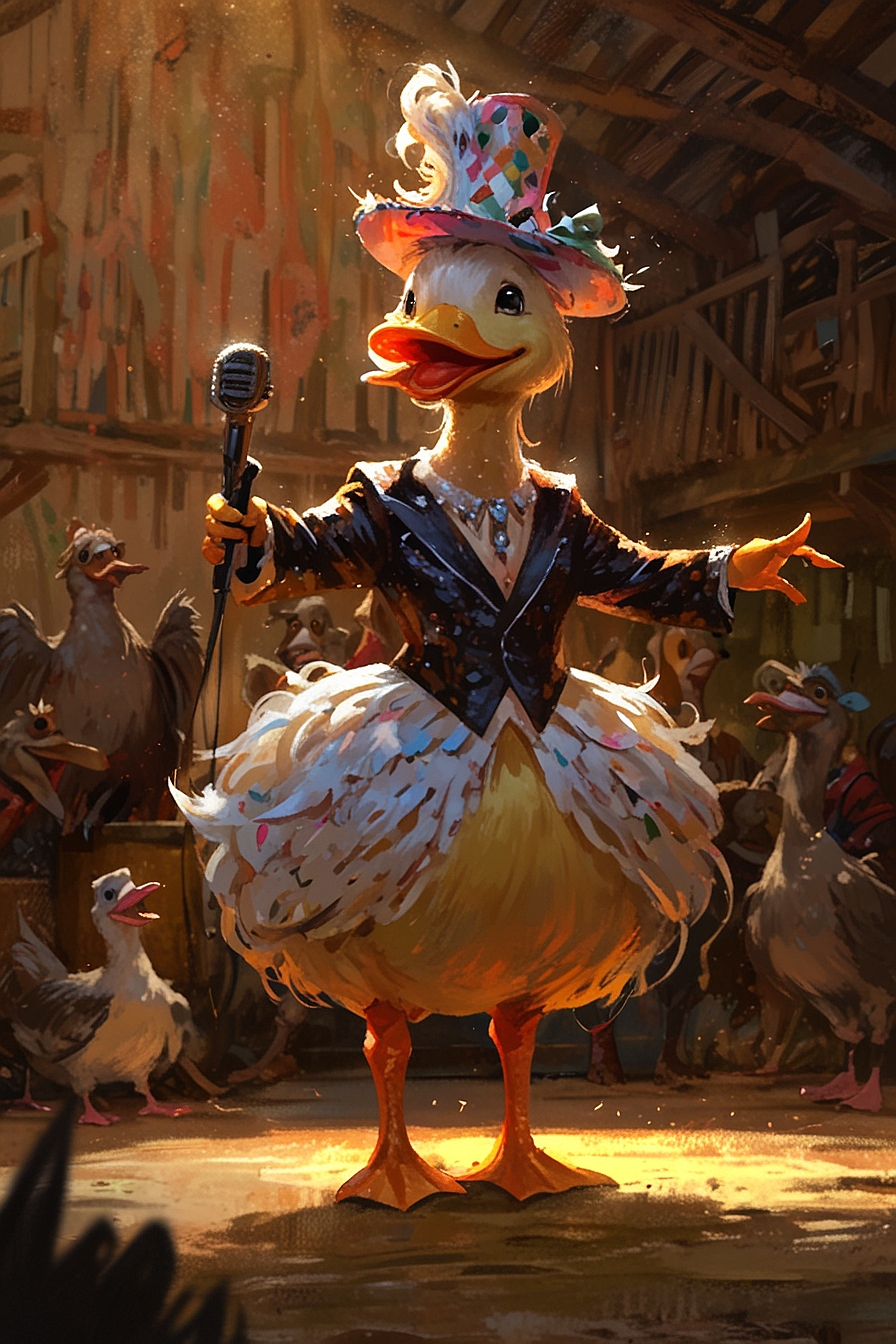 Leonardo Anime XL a flamboyant singing female duck wearing an 1
