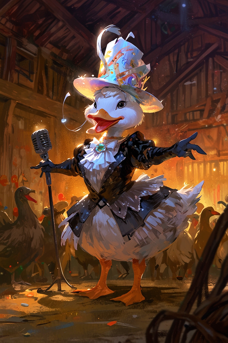 Leonardo Anime XL a flamboyant singing female duck wearing an 2