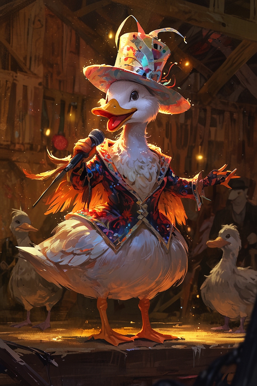 Leonardo Anime XL a flamboyant singing female duck wearing an 3