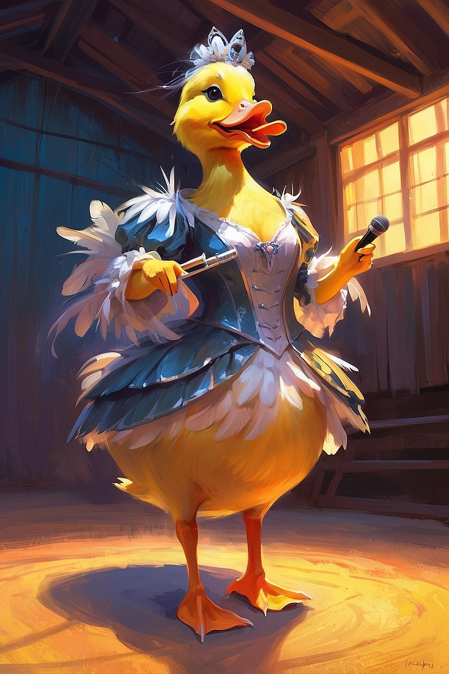 SDXL 10 a flamboyant singing female duck wearing an outrageous 0