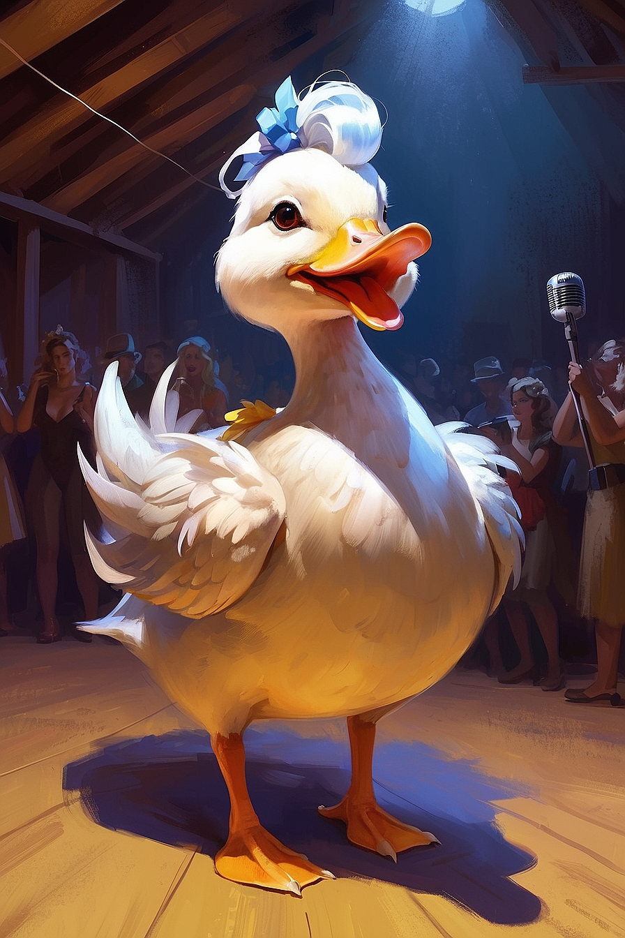 SDXL 10 a flamboyant singing female duck wearing an outrageous 1