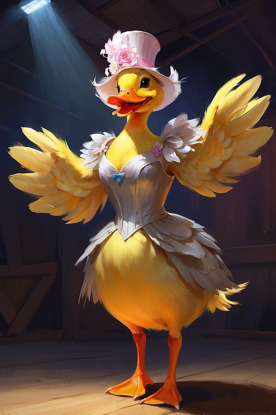 SDXL 10 a flamboyant singing female duck wearing an outrageous 2
