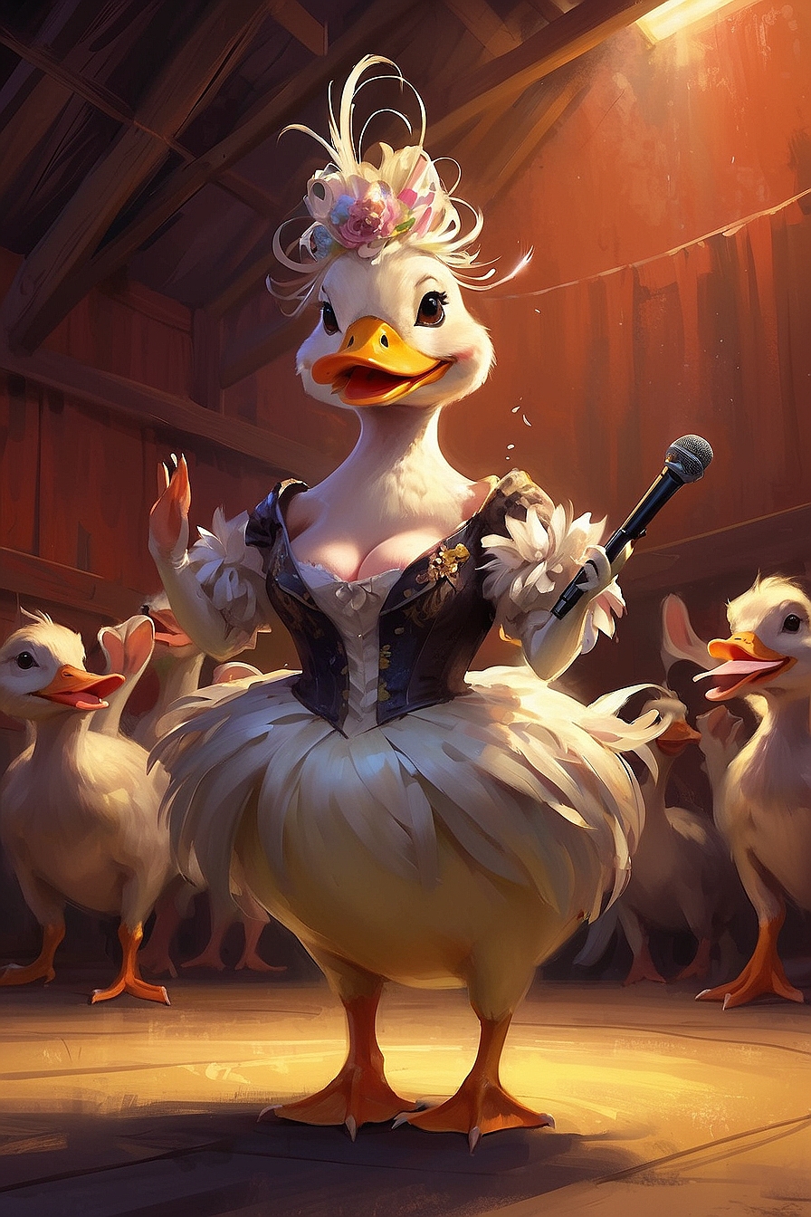 SDXL 10 a flamboyant singing female duck wearing an outrageous 3