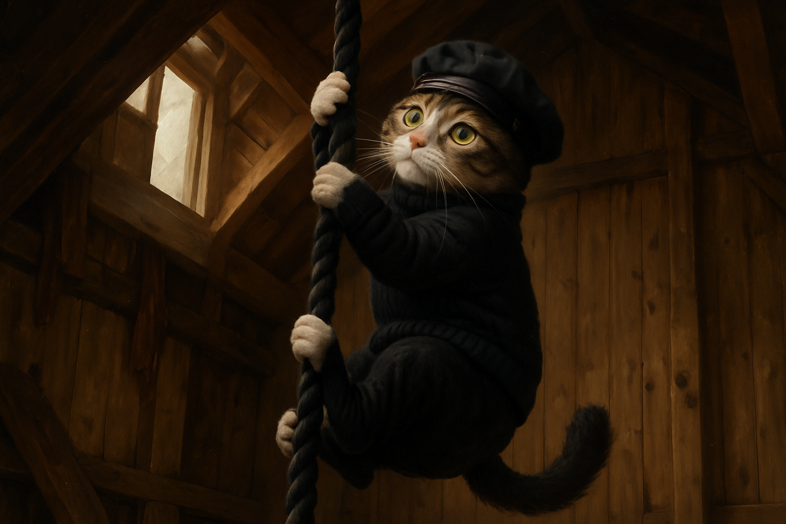 GPT Image 1 please position the cat so that it is climbing the 0