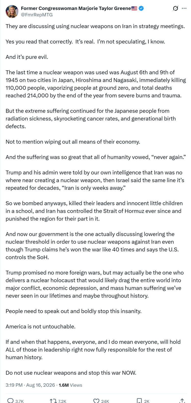 MTG posting Nuke Attack on Iran MTG posting Nuke Attack on Iran